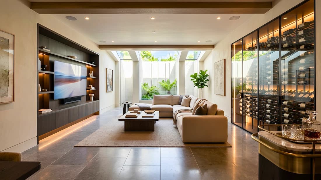 Basement conversion Hampstead London — media room and wine cellar | Sovran Basement conversion in Hampstead, London — media room with a wall-mounted screen, daylight from a rear lightwell and a glazed, backlit wine cellar, by Sovran