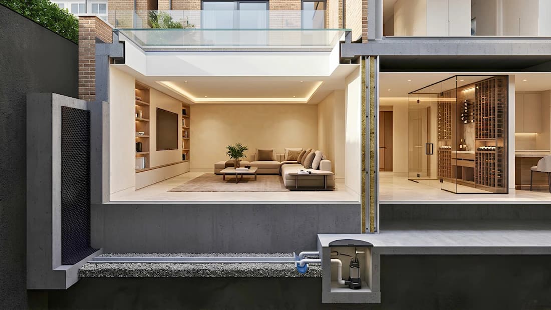 Basement conversion waterproofing London — cavity drain and sump cross-section | Sovran Cutaway cross-section of a London basement conversion — Type C cavity drain membrane, perimeter drainage channel and sump pump beneath a finished media room and wine store, by Sovran