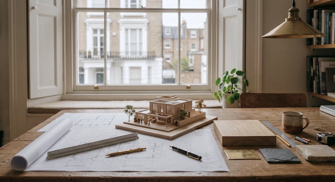 Design and build model Chelsea London — architectural planning desk | Sovran Group Design and build architectural model and blueprints in a Chelsea, London study, RIBA-certified planning drawings, by Sovran Group