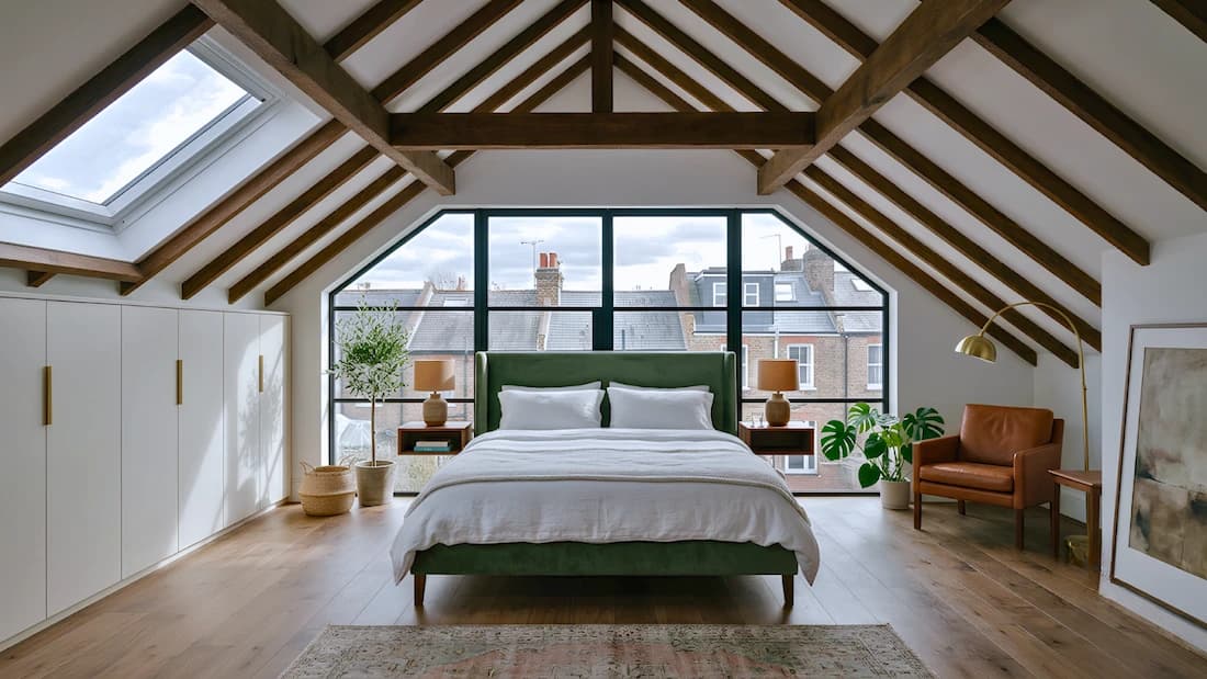 Loft conversion bedroom, Wimbledon, London | Sovran Group Loft conversion bedroom in Wimbledon, London — vaulted ceiling, exposed beams and glazed gable window, by Sovran Group