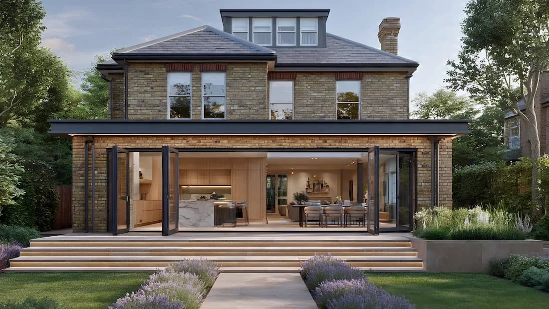 Rear home extension Hampstead London — daytime garden photography | Sovran Group Luxury rear home extension in Hampstead, London — full-width bifold doors open to a landscaped garden with lavender; oak kitchen and marble island visible inside, by Sovran Group