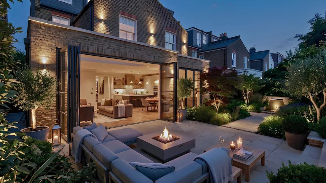 Rear home extension Fulham London — evening terrace photography | Sovran Group Luxury rear home extension in Fulham, London — bifold doors open to a landscaped terrace with fire pit seating; open-plan kitchen-living visible inside, by Sovran Group