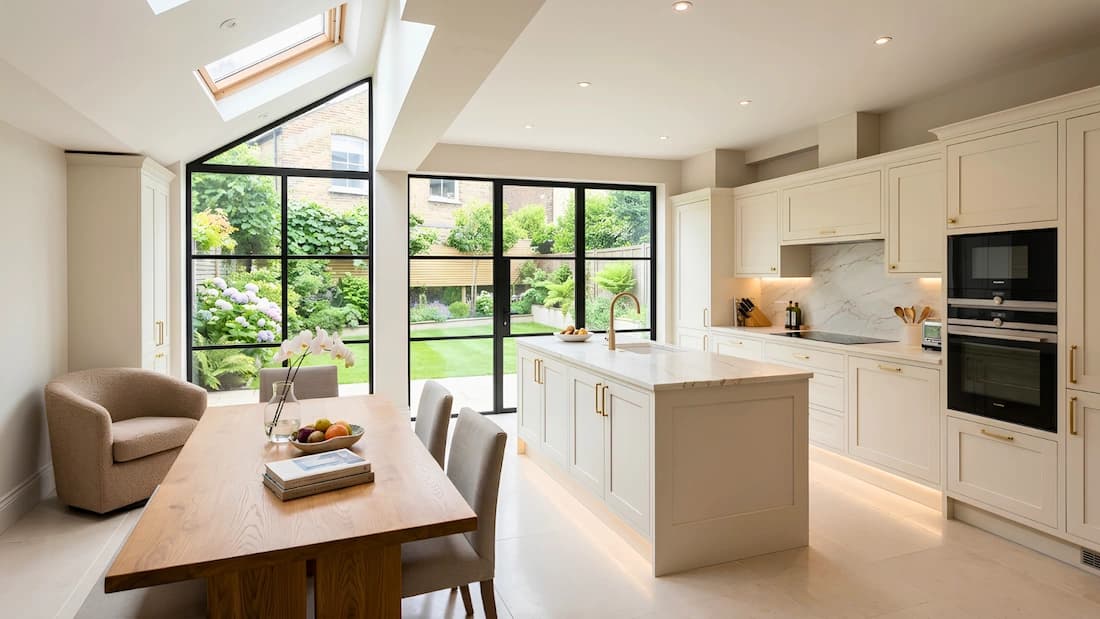 Wraparound extension kitchen-diner, Barnes, London | Sovran Open-plan kitchen-diner inside a wraparound extension in Barnes, London — marble-topped island, glazed gable window and a rooflight above the dining table, by Sovran
