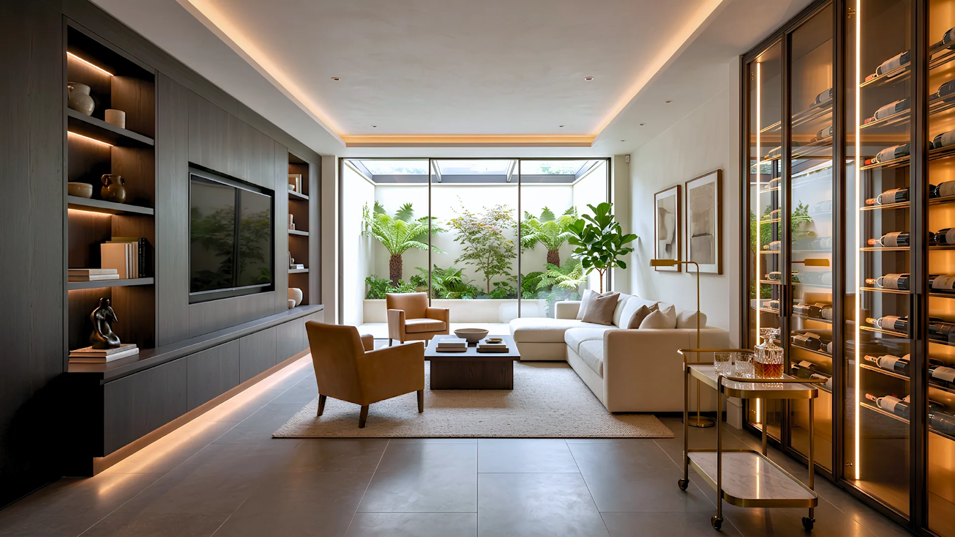 Basement living room with fitted joinery and a glazed lightwell garden, Hampstead