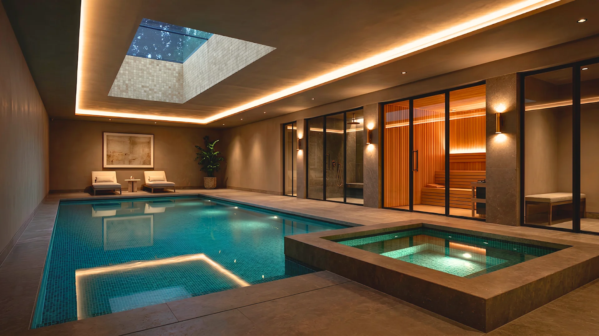Basement swimming pool with a skylight, plunge pool and glass-fronted sauna, Notting Hill