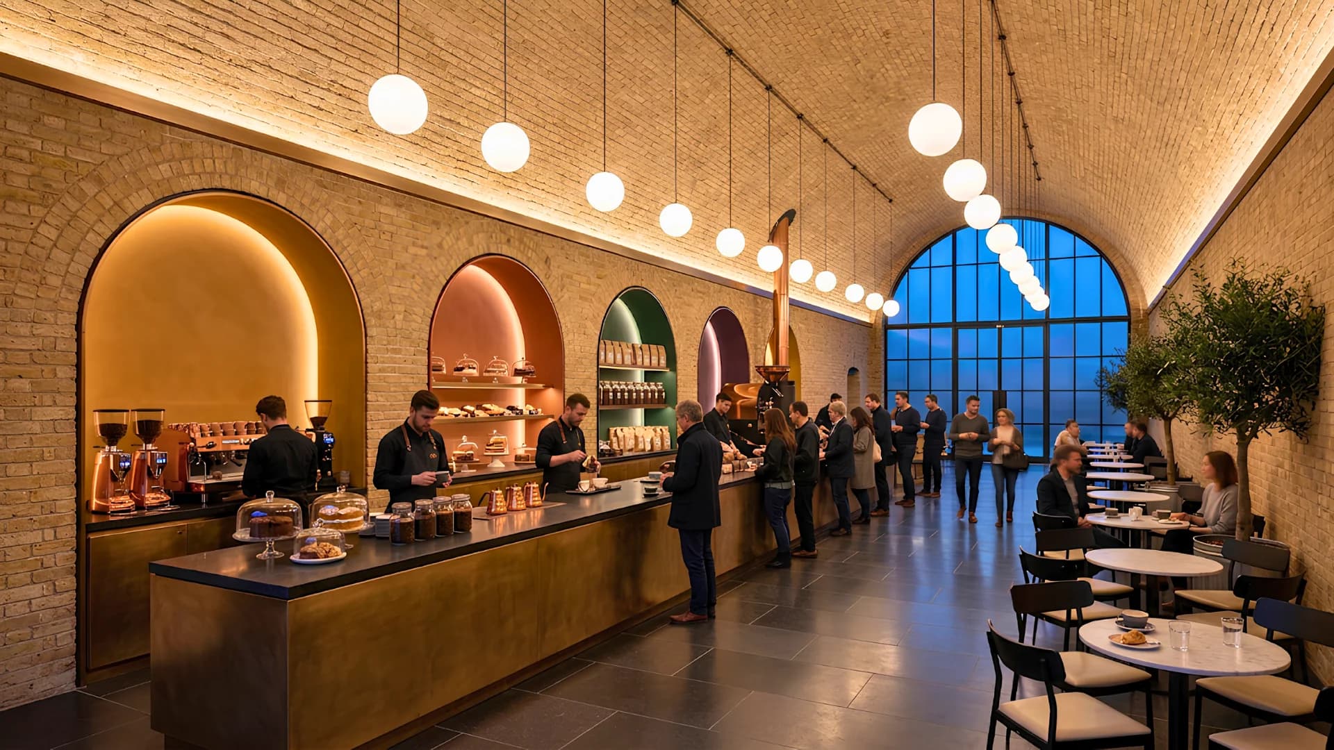 Brick-vaulted café with a long counter, lit arched display niches and a tall arched window, King's Cross