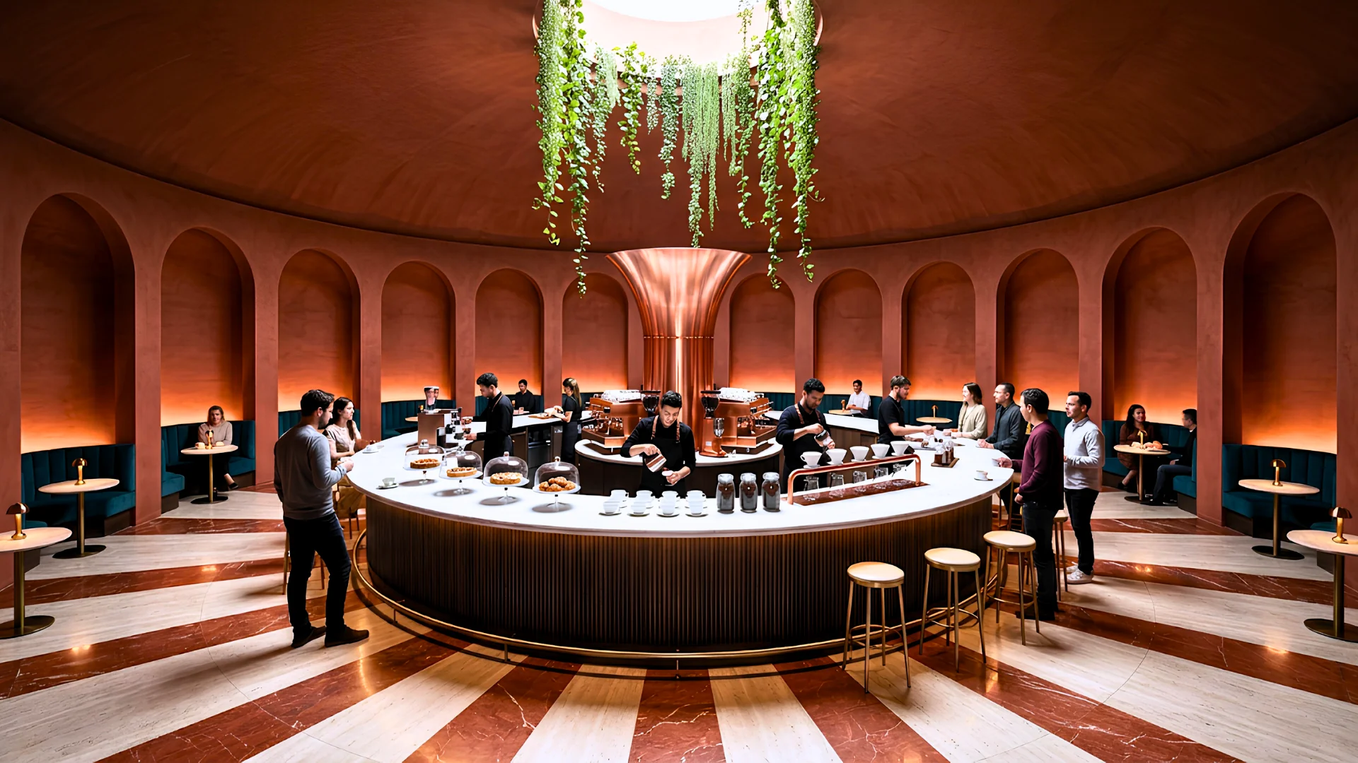 Circular coffee bar in a terracotta room with arched booths and a hanging plant above, Marylebone