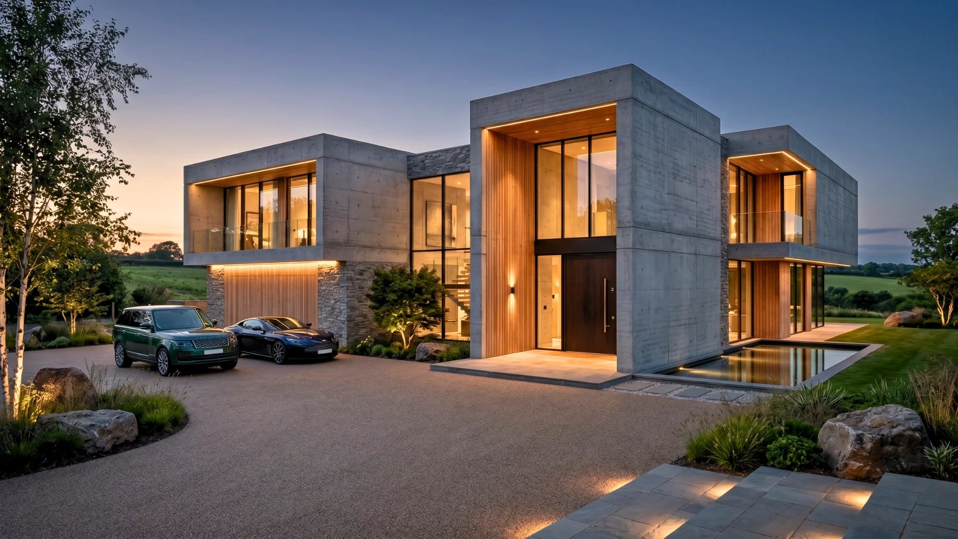 Contemporary concrete and timber house with a glazed entrance, gravel drive and reflecting pool at dusk, Cobham