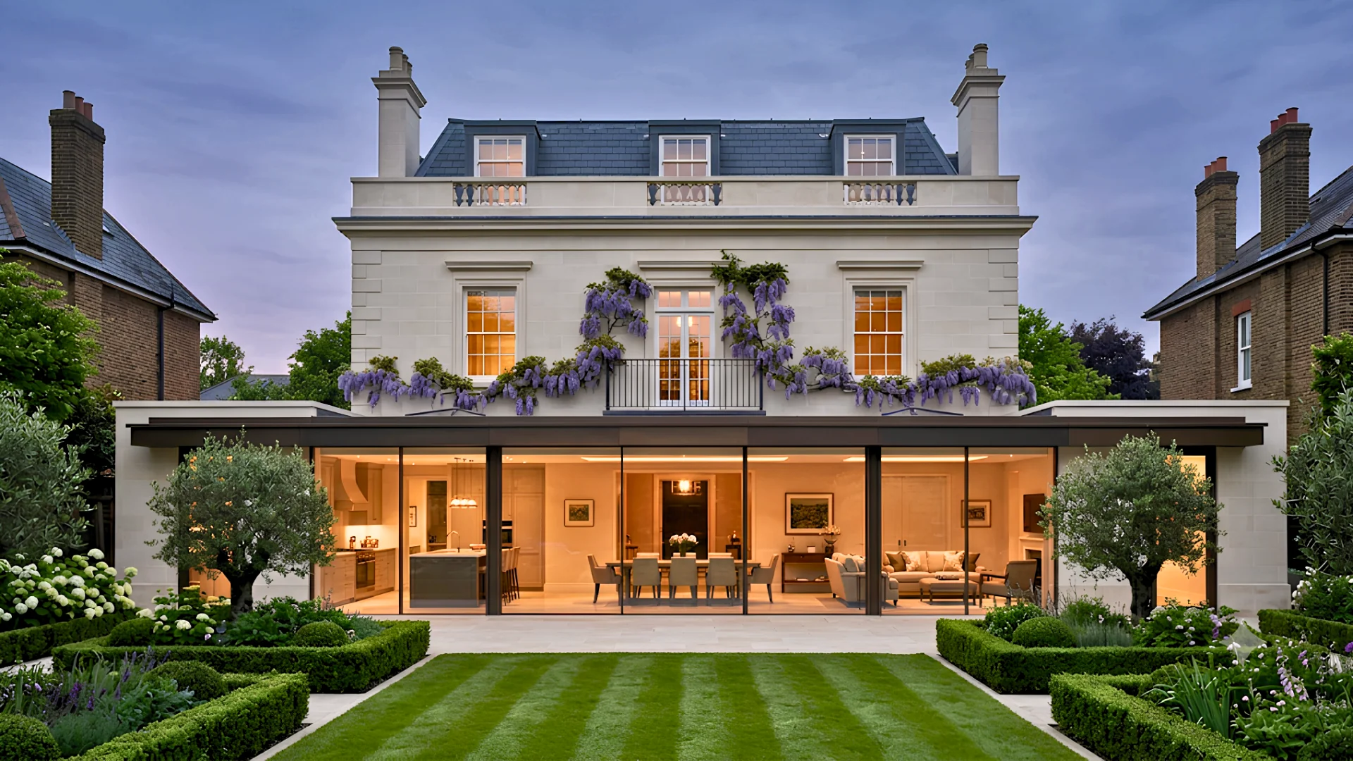 Georgian-style house with a full-width glazed rear extension, wisteria and a striped lawn at dusk, Richmond
