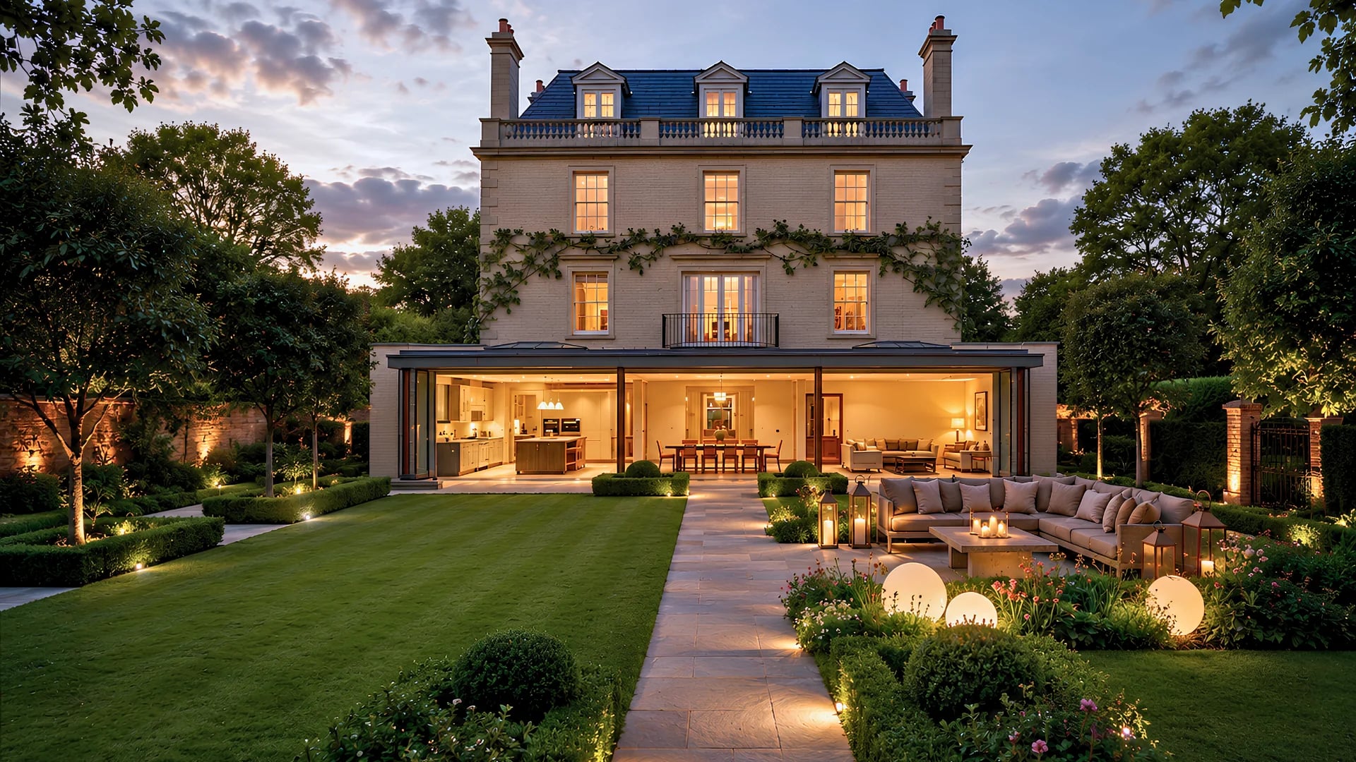 Georgian-style house with a slate roof and a glazed rear extension lit at dusk, with a landscaped garden and outdoor seating, Highgate