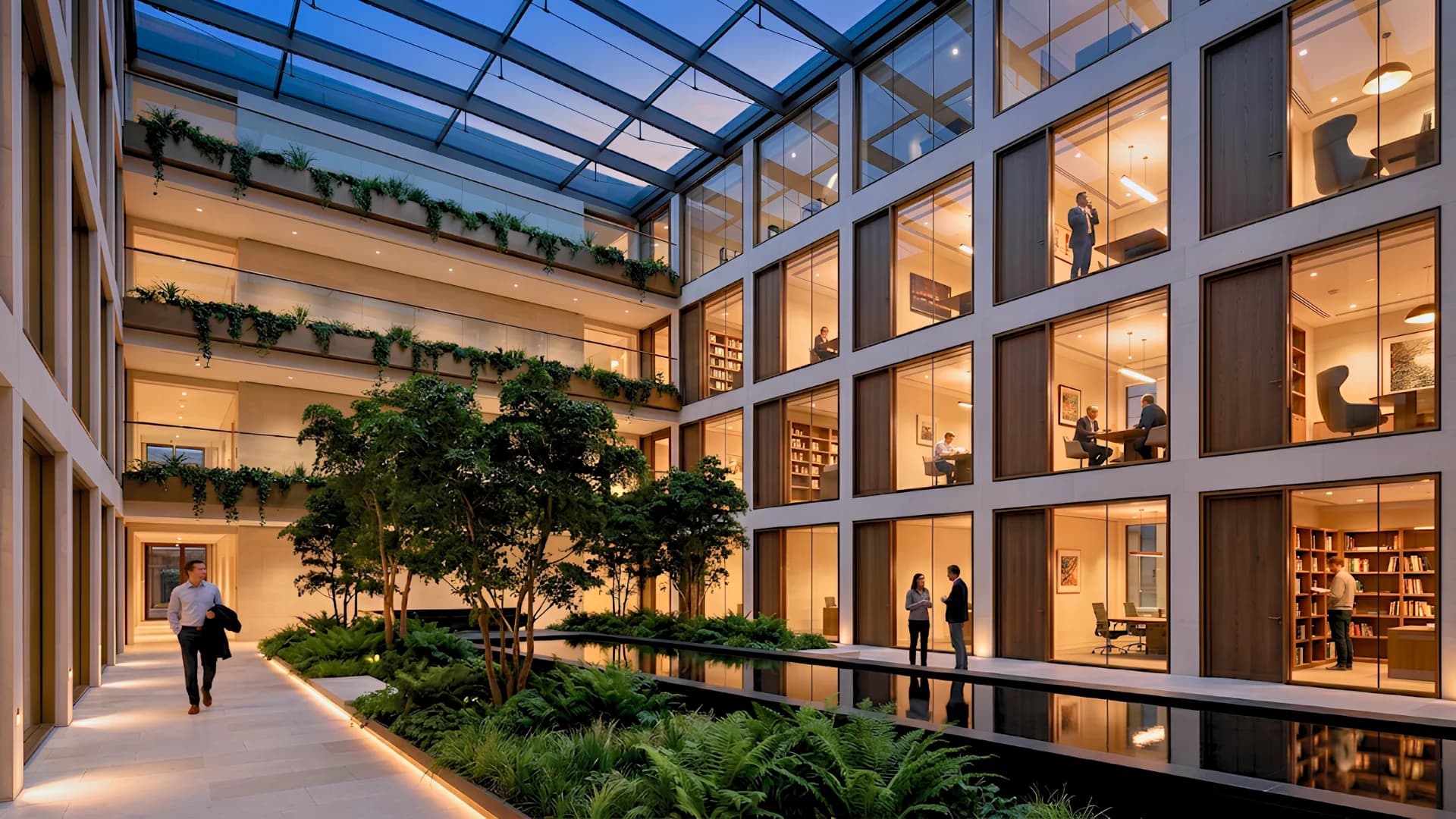 Glass-roofed office atrium with a planted courtyard, reflecting pool and glazed meeting rooms on every floor, Southwark