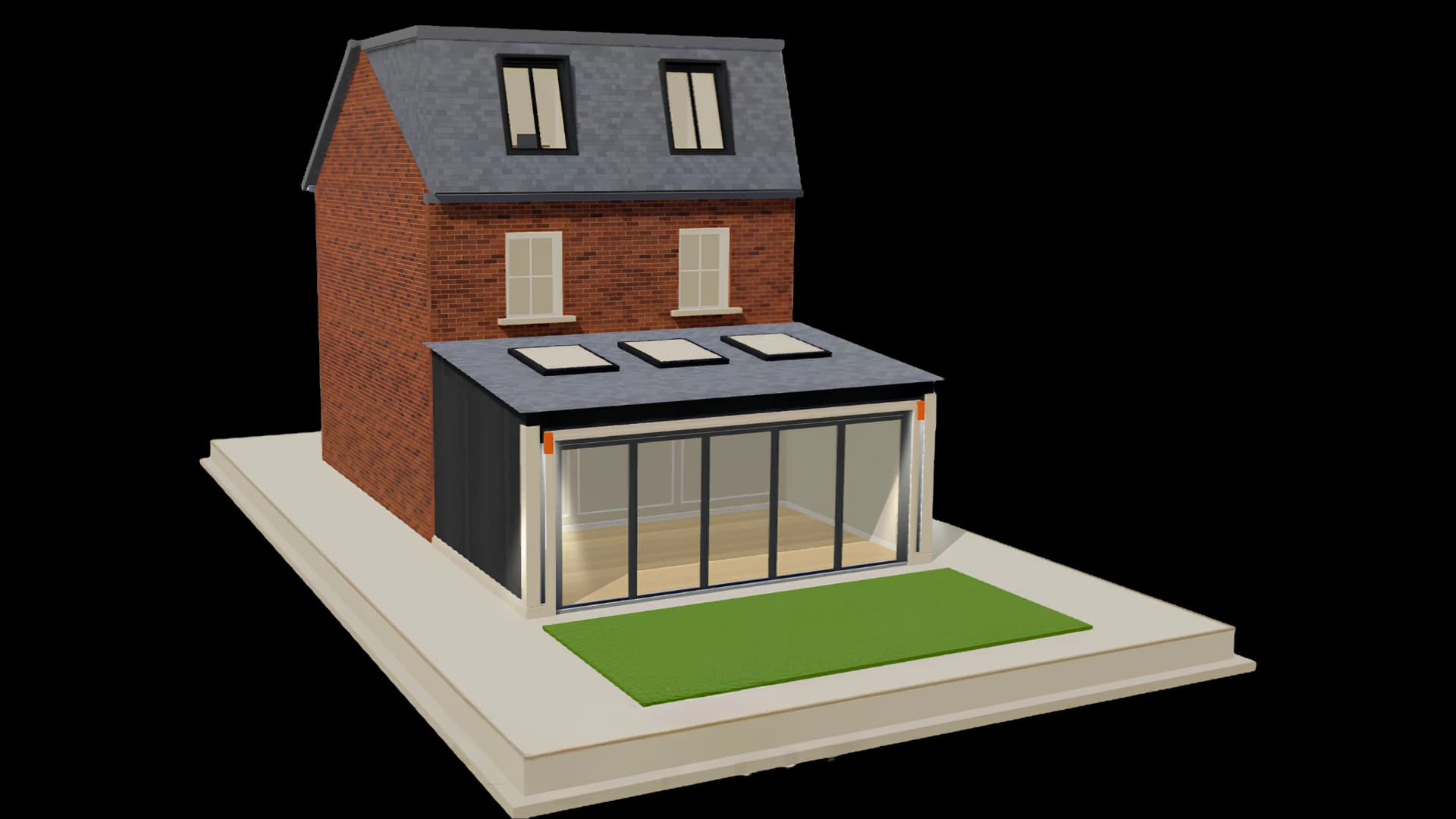 3D model of a brick terraced house with a glazed rear extension, rooflights and a loft dormer