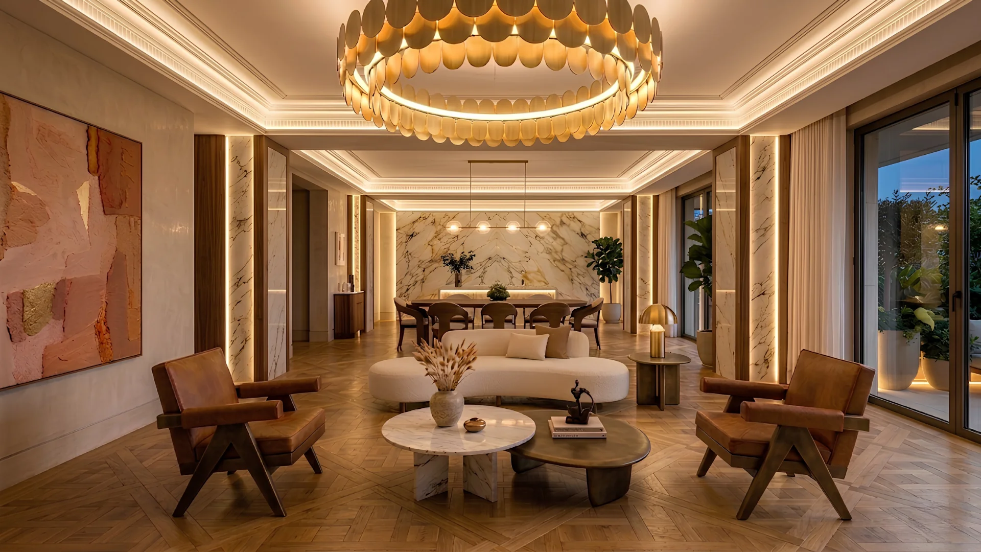 Living and dining room with a brass disc chandelier, marble-panelled walls, tan leather armchairs and a curved cream sofa, St John's Wood