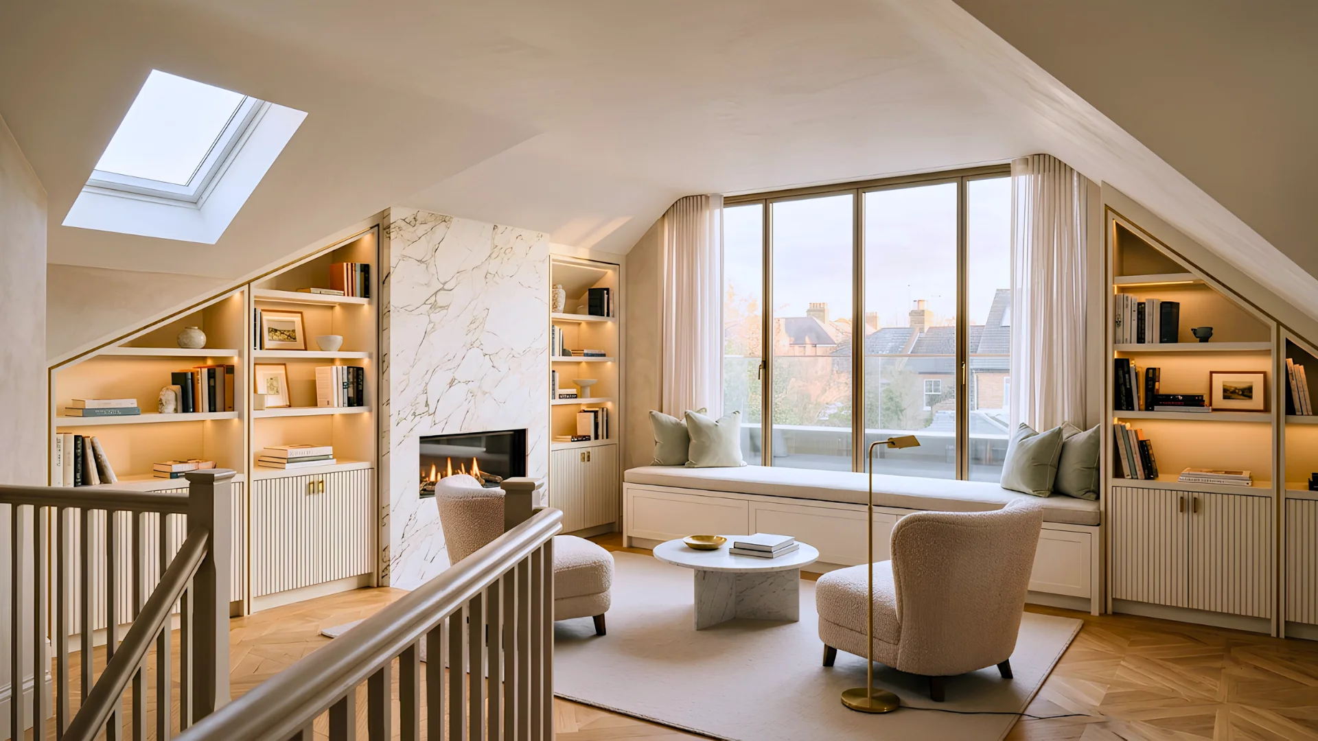 Loft conversion living space with a marble fireplace, fitted shelving and a window seat, Wandsworth