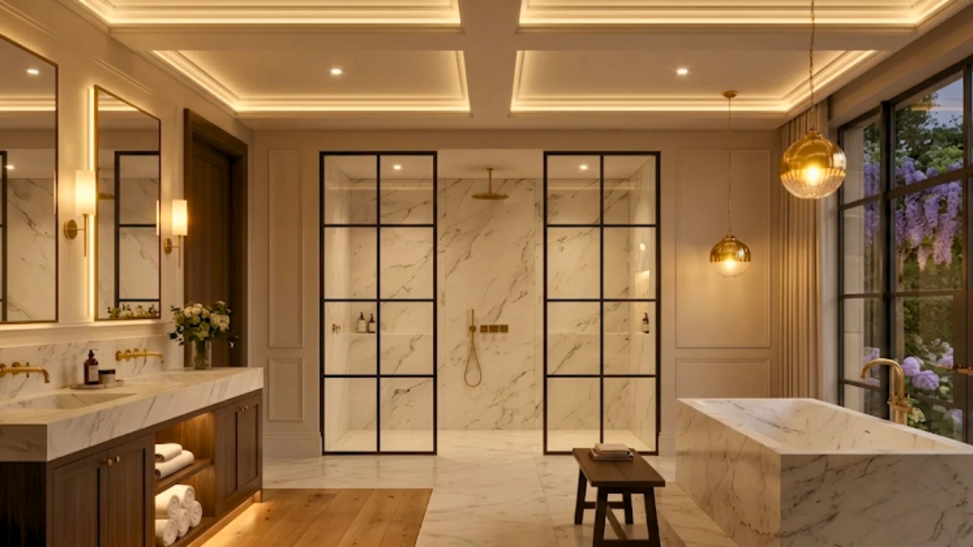 Marble bathroom with steel-framed glazed shower screens, brass fittings and a freestanding stone bath, Chelsea