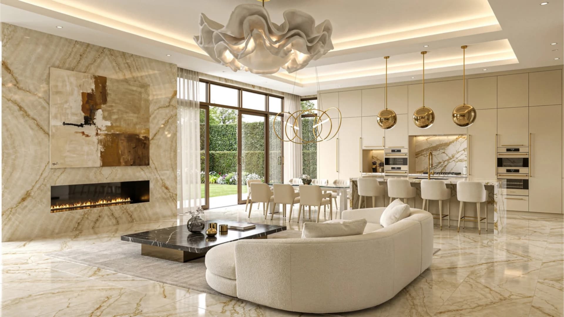 Marble-clad living and dining space with a curved cream sofa, a sculptural chandelier and brass pendant lights, Belgravia