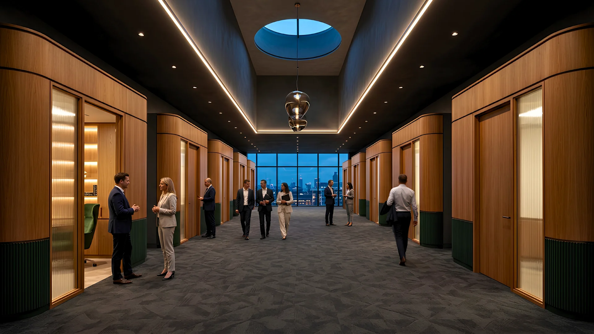 Oak-panelled office corridor lined with private meeting pods and green lower panels, with a city skyline at the far end, Canary Wharf