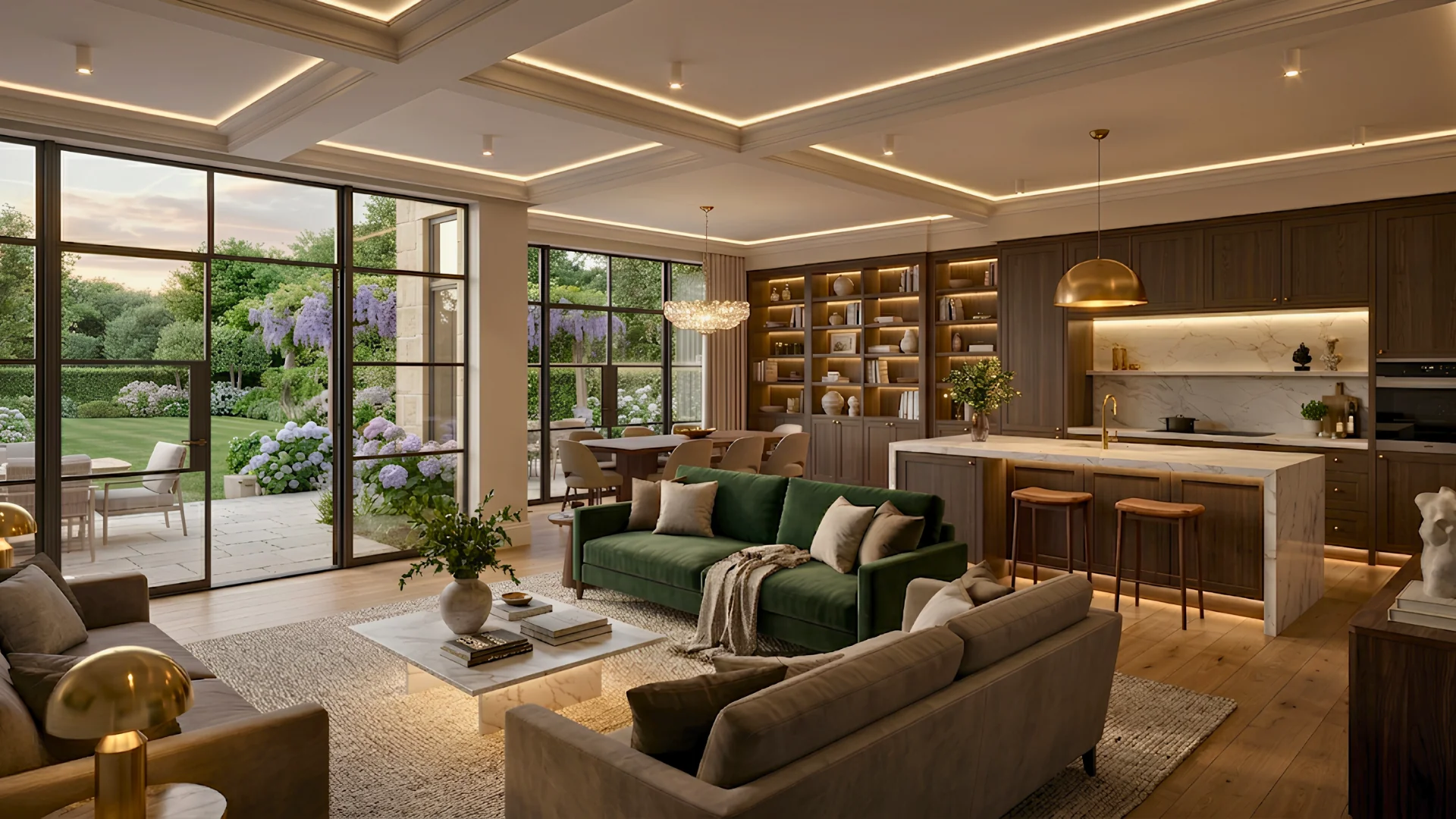Open-plan kitchen and living area with steel-framed glazing opening to a wisteria garden, Kensington