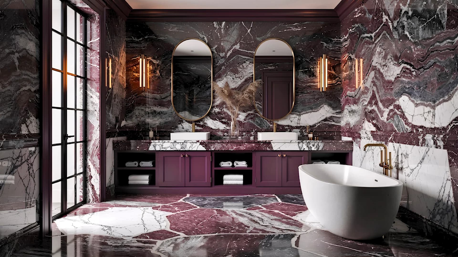 Bathroom in plum and white marble with twin oval mirrors, a double vanity, a freestanding bath and black-framed windows, Primrose Hill