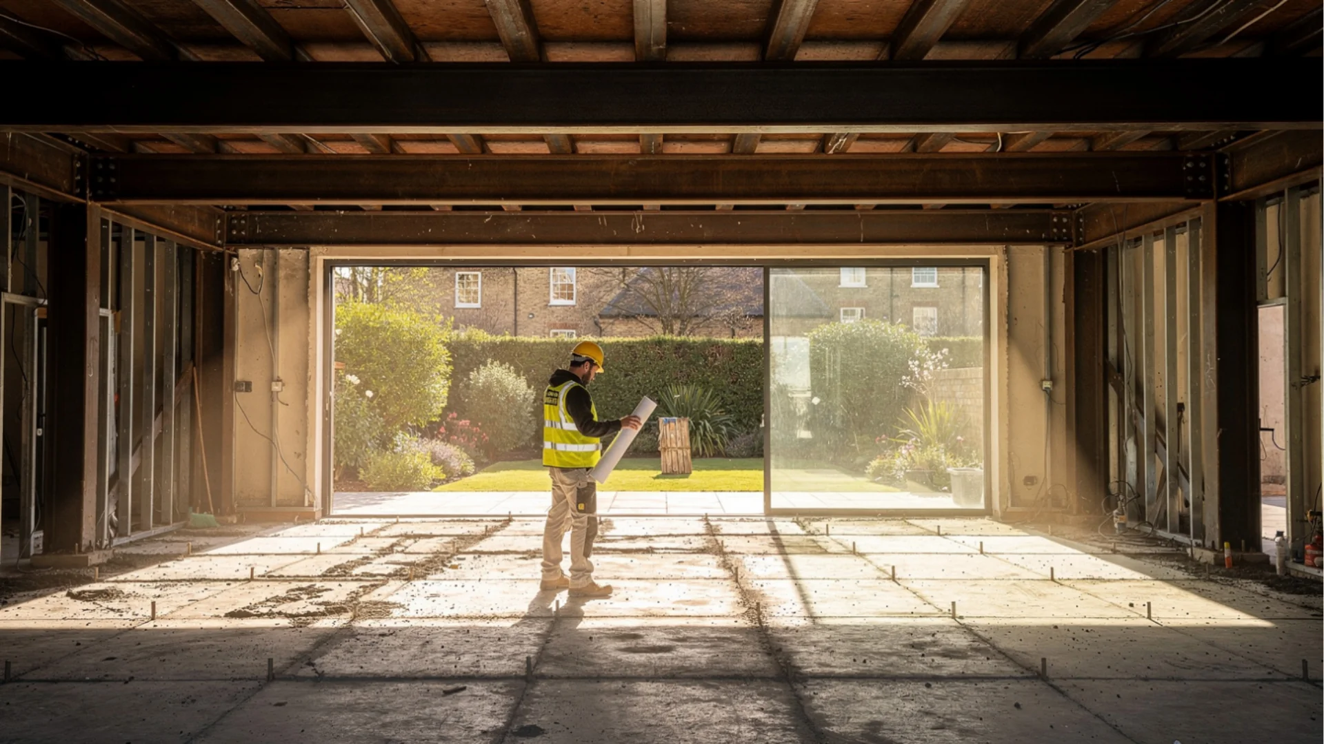 Site manager holding rolled plans inside a stripped-back house shell, looking out through open sliding doors to a garden, Clapham