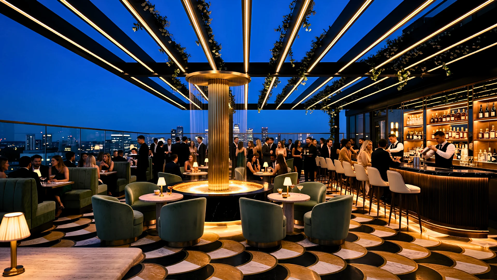 Rooftop cocktail bar and restaurant at dusk under a slatted canopy, with green banquettes and a city skyline beyond, Shoreditch