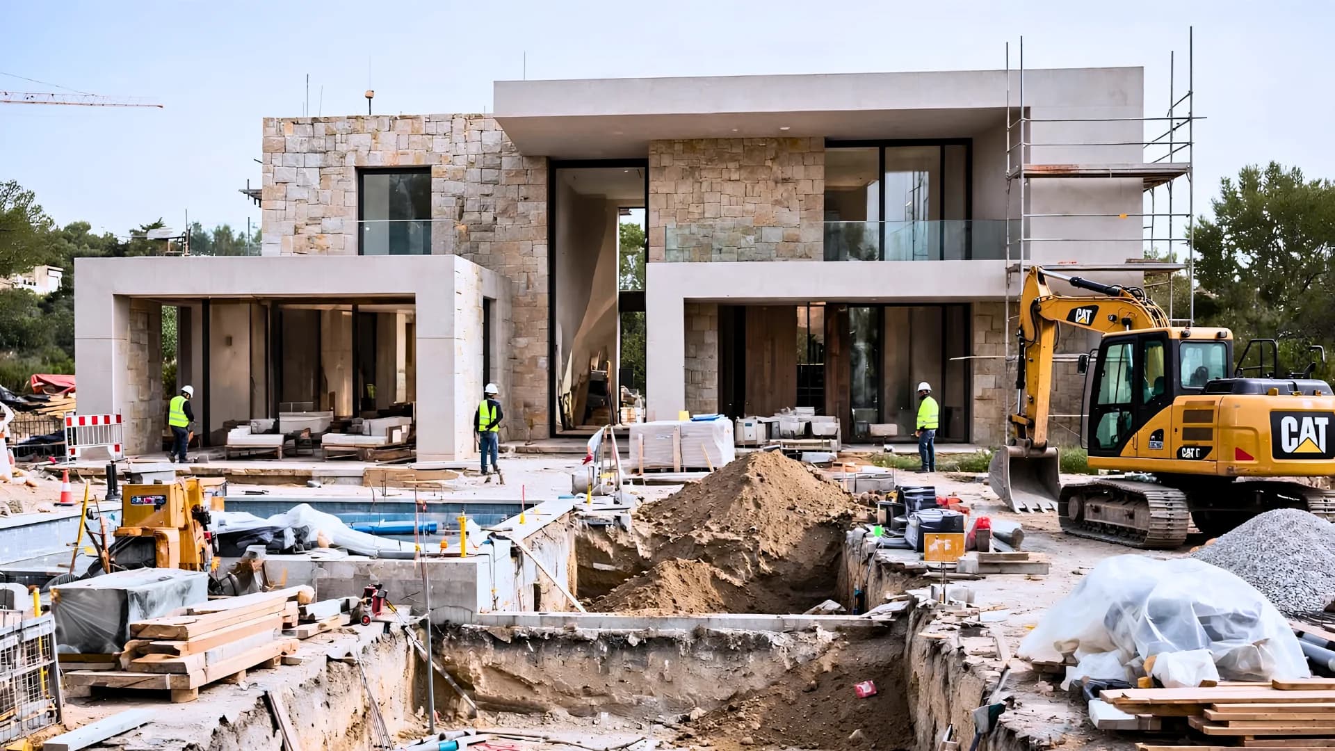 Stone-clad new build house under construction with scaffolding, a yellow excavator and workers in high-visibility vests, Weybridge