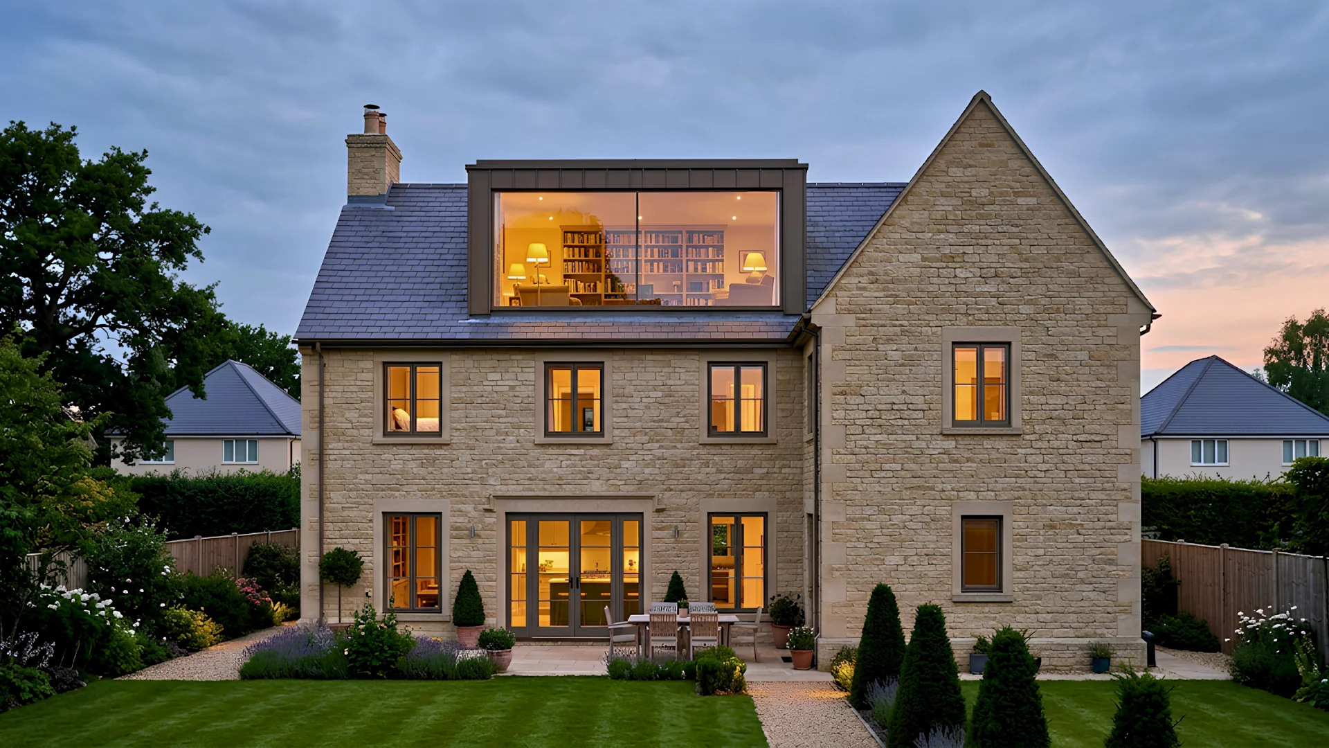 Stone house with a zinc-clad rear dormer loft conversion glowing at dusk, Wimbledon