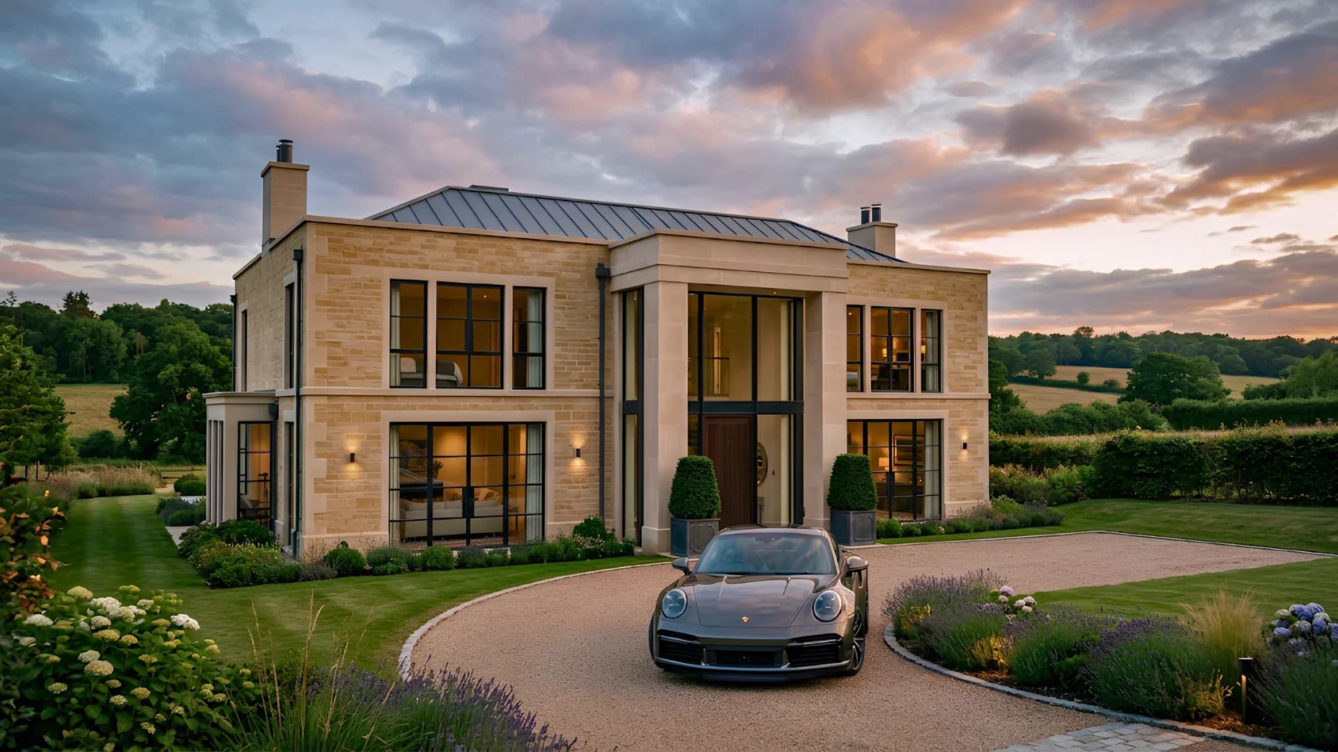Honey-coloured stone house with a tall glazed entrance and curved gravel drive at sunset, Beaconsfield