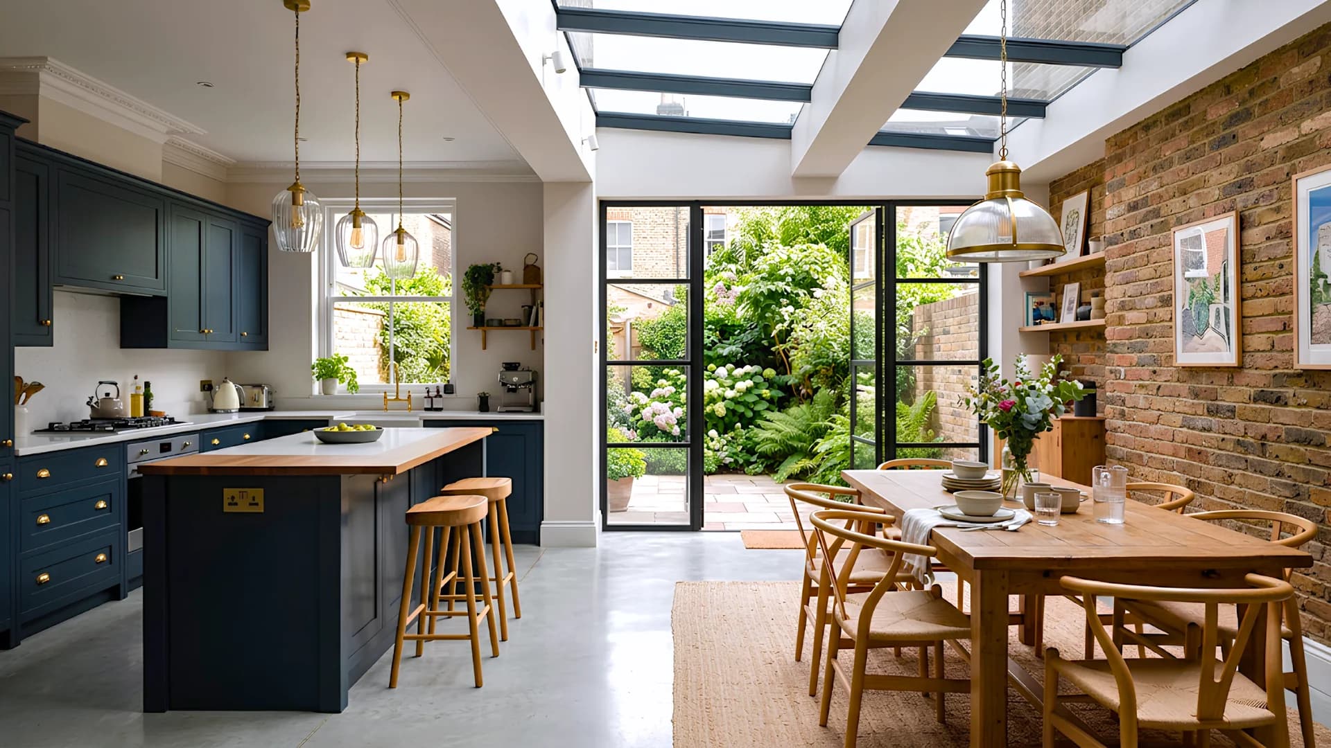 Kitchen and dining extension with navy cabinets, a glazed rooflight and steel doors to a walled garden, Fulham