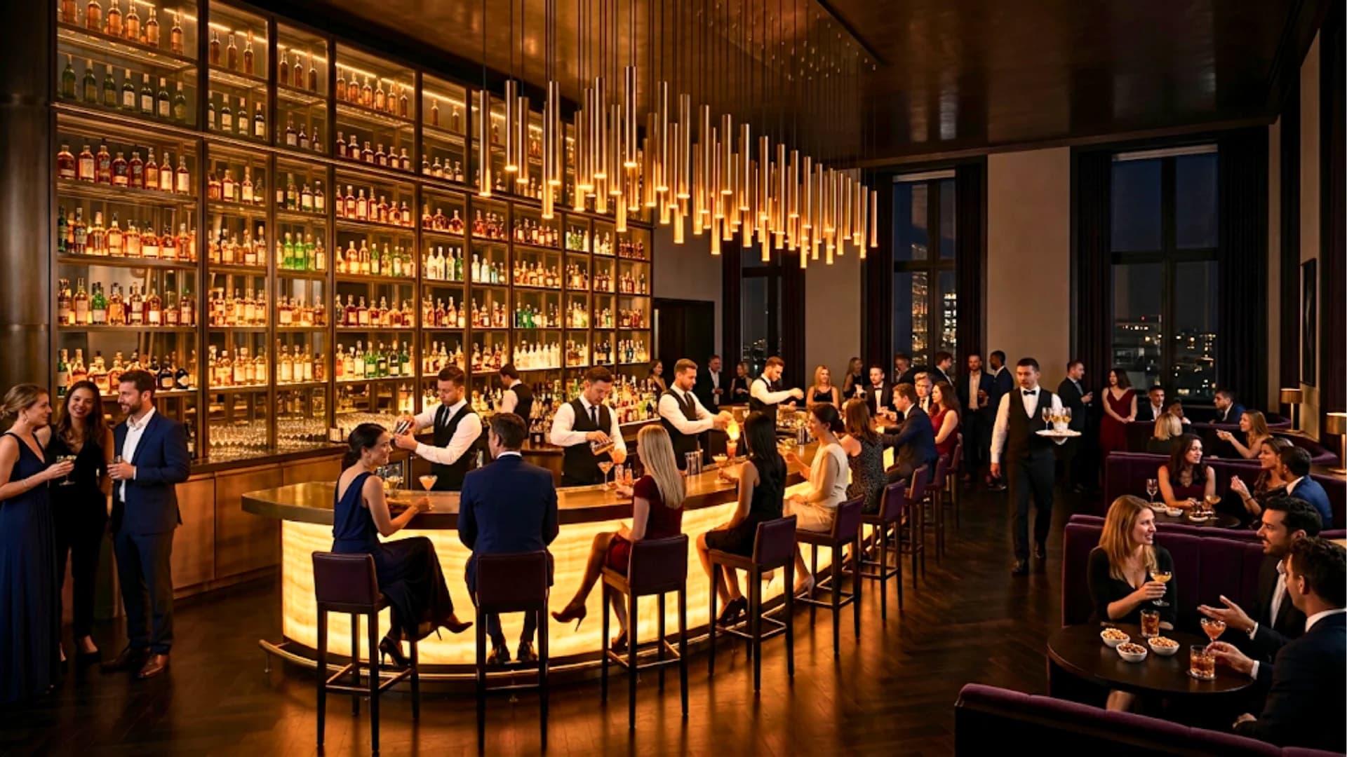 Bar with a backlit counter, a full wall of whisky and spirits bottles and hanging brass light tubes, Soho
